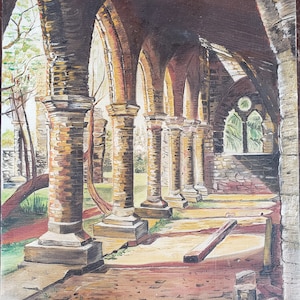 Vintage Signed Church Oil Painting in Canvas Entrance Arches Brick Garden 14&quot; x 10&quot;