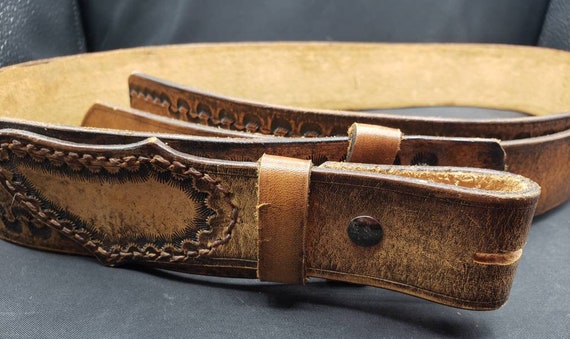 Tooled Leather Belt 38-40 2" Wide Overlap Belt Vi… - image 5