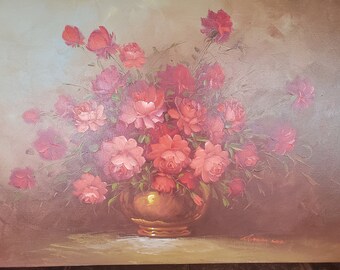 Original Oil Painting on Canvas Still Life Flowers Floral Artist Signed Robert Cox Red Slamon Orange Roses 24" x 36" #8779 Large
