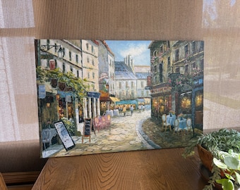 Original Oil Painting on Canvas Signed Paris City Street Scene Mid Century Shops Restaurants Lights