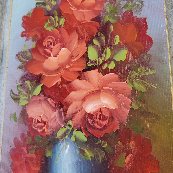 Original Oil Painting on Board Still Life Flowers Floral Artist Signed Robert Cox Red Orange Roses Long Vertical 12" x 4" #8849