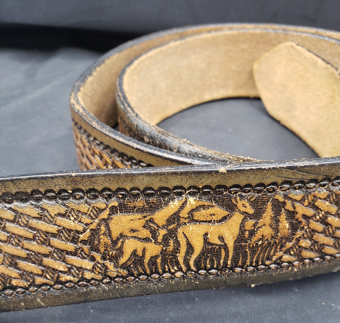 Tooled Leather Belt Deer Buck Does Vintage Size 3741 8626 Etsy
