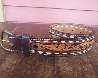 Tooled Leather Belt Leaves Caldwell Size 27-34 Vintage #8837 Like New