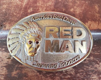 Red Man Chewing Tobacco Advertising Belt Buckle Red Eyes 1988 Pinkerton #8841