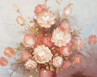 Original Oil Painting on Canvas Still Life Flowers Floral Artist Signed Robert Cox Peach Coral Salmon Roses Flowers 24" x 20" #8774
