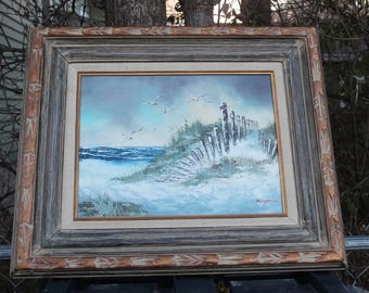 Signed Morgan Beach Painting on Canvas Sand Dunes Ocean Seagulls Nautical Rustic Framed