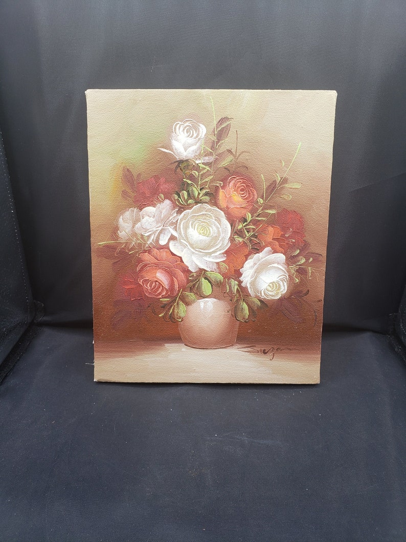 Original Oil Painting on Canvas Still Life Flowers Floral Artist Signed Brown Orange White Vintage 8637 9 3/4 x 8 Small image 1
