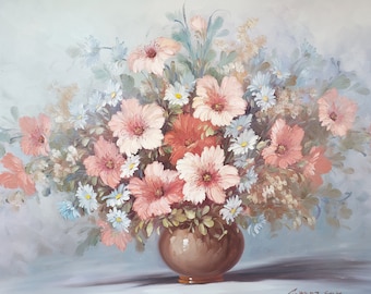 Original Oil Painting on Canvas Still Life Flowers Floral Artist Signed Robert Cox Pink Blue 24" x 36" #8781