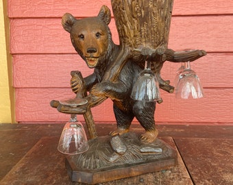 Antique German Wood Black Forest Carved Bear Liquor Decanter & Glasses Holder