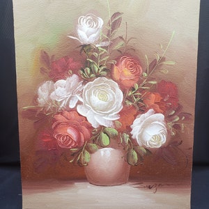 Original Oil Painting on Canvas Still Life Flowers Floral Artist Signed Brown Orange White Vintage 8637 9 3/4 x 8 Small image 2