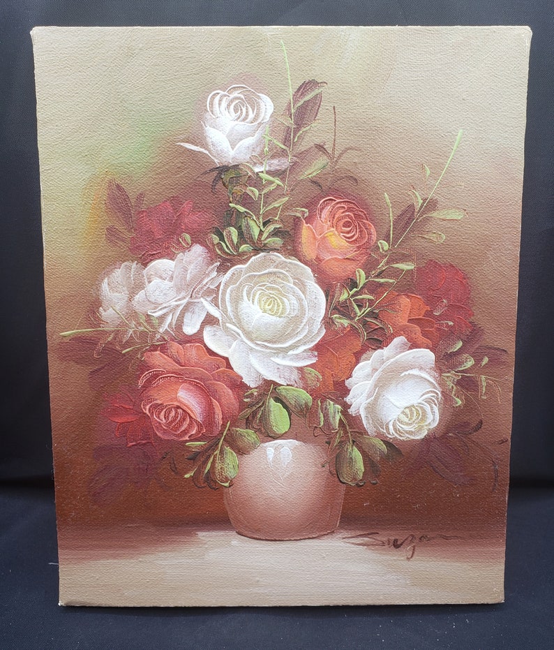 Original Oil Painting on Canvas Still Life Flowers Floral Artist Signed Brown Orange White Vintage 8637 9 3/4 x 8 Small image 2