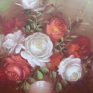 Original Oil Painting on Canvas Still Life Flowers Floral Artist Signed Brown Orange White Vintage 8637 9 3/4 x 8 Small image 4