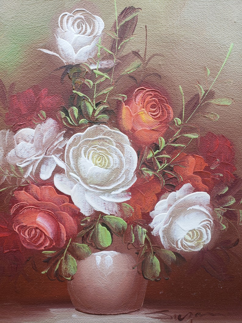 Original Oil Painting on Canvas Still Life Flowers Floral Artist Signed Brown Orange White Vintage 8637 9 3/4 x 8 Small image 4