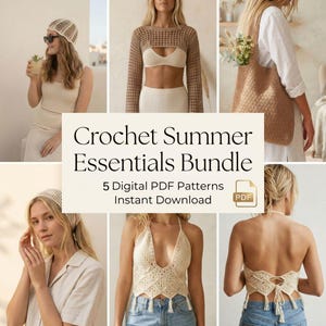 Op de afbeelding: Een verzameling van vijf haakpatronen getiteld Crochet Summer Essentials Bundle 5 Digital PDF Patterns Instant Download. De afbeeldingen tonen diverse beige en bruine gehaakte kledingstukken, waaronder een hoed, een crop top, een bolero en een tas.