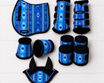 Blue Southwestern Aztec Horse matching Set, Western Saddle Pad, Boots, Bonnet, Wraps