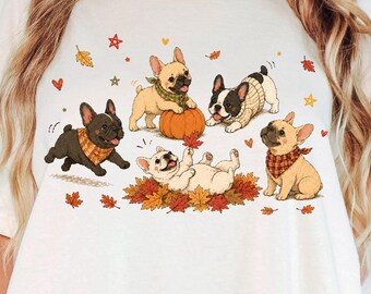 Lindo bulldog francés de otoño PNG, Frenchie de otoño PNG, perro calabaza PNG, imágenes prediseñadas de cachorro acogedor de otoño, descarga de diseño de sublimación para amantes de los perros
