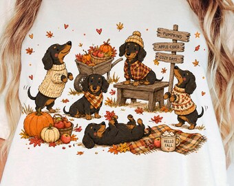 Lindo perro salchicha de otoño PNG, perro salchicha de otoño PNG, perro salchicha calabaza acogedor PNG, sublimación de otoño para amantes de los perros, descarga digital de Halloween