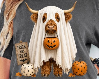 Fantasma de vaca de las Tierras Altas PNG, Vaca de las Tierras Altas de Halloween PNG, Disfraz de fantasma de vaca lindo PNG, Sublimación de vaca de truco o trato, Diseño de Halloween de otoño