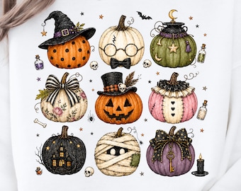 Paquete de calabazas de Halloween PNG, imágenes prediseñadas de calabazas espeluznantes, calabaza de bruja linda PNG, diseño de calabaza momia, sublimación gótica de Halloween PNG
