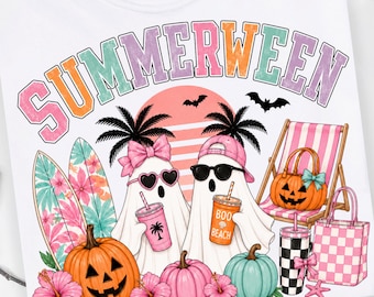 Summerween PNG, Beach Ghost PNG, Pink Pumpkin PNG, Coastal Halloween Png, Preppy Summer Halloween Sublimation Design