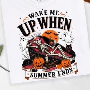 Wake Me Up When Summer Ends PNG, Funny Halloween Skeleton PNG, Spooky Season Ghost Cat Pumpkin Design, Sublimation PNG Download