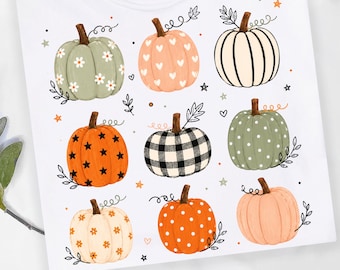 Paquete de imágenes PNG de calabazas coquetas, lindas calabazas de otoño en formato PNG, conjunto de imágenes prediseñadas de calabazas, calabazas de acuarela otoñales, descarga de diseño para sublimación de otoño