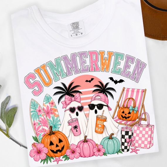 Summerween PNG, Beach Ghost PNG, Pink Pumpkin PNG, Coastal Halloween Png, Preppy Summer Halloween Sublimation Design