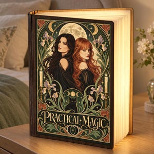 May include: A rectangular book-shaped lamp with a wooden spine and illuminated pages. The cover features an illustration of two women with long hair, a black cat, candles, and floral motifs, with the text Practical Magic printed at the bottom.