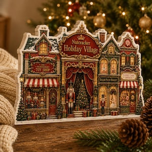 May include: A flat wooden Nutcracker Holiday Village display featuring a toy shop, a sugar plum ballet studio, and a candy cane sweets shop. The structure includes detailed storefronts, red curtains, a central nutcracker figure, and festive decor.