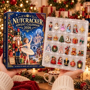 May include: A Nutcracker Advent Calendar 2026 box featuring a blue winter scene with a nutcracker and ballerina, alongside a clear plastic tray containing 24 small, colorful holiday-themed charms including a drum, crown, tree, and train.