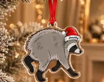 Decorazione natalizia a forma di procione Jimothy, ornamento in acrilico personalizzato con cappello di Babbo Natale e nome, divertente regalo natalizio a tema animale del bosco, ricordo per gli amanti dei procioni.