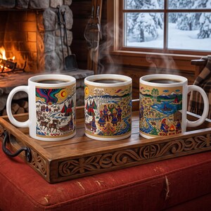 May include: Three white ceramic mugs filled with dark liquid, each featuring a colorful wrap-around illustration depicting arctic landscapes, reindeer, traditional dwellings, and figures in vibrant clothing, all resting on a carved wooden tray.