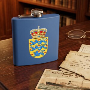 Danish Royal Coat of Arms Flask, Stainless Steel Flask 6oz