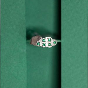 Peut inclure: Une bague argentée avec une pièce centrale en forme de nuage ornée de six petites pierres rondes vert vif. La bague est centrée entre deux panneaux verticaux verts. Le texte Brillan Jewelry for you est imprimé en bas de l'image.