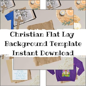 May include: A digital flat lay background template featuring Christian imagery including an open Bible, a wooden cross, a rosary, candles, eucalyptus leaves, a burlap cloth, a blank invitation card, and a purple sweatshirt with a stained glass graphic.