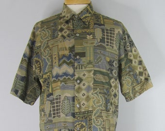 Vintage Tori Richard Mens Medium Green Leaf Print Short Sleeve Cotton Hawaiian Lawn Camp Shirt USA Size M