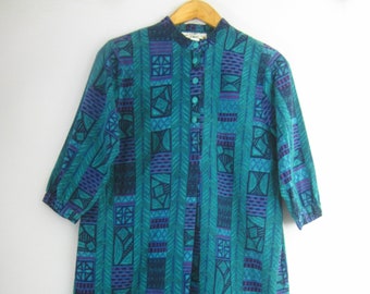 Vintage Orvis Womens 12 Teal Green Blue Purple Batik Print Cotton Midi Dress Medium Short Sleeve Tropical Print