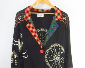 Vintage Laura Kieffer Womens 10 Black Orange Tribal Rayon LS Jacket Cardigan Medium M Check Plaid Artsy Retro