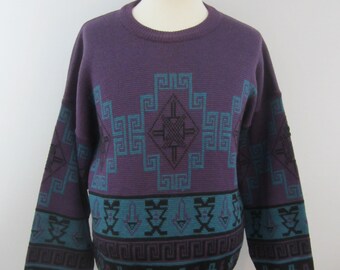 NEW Vintage DEMETRE Mens Large 80s Purple Blue Midnight Sun 100% Virgin Wool Ski Sweater Made in USA Crewneck Pullover Southwestern L