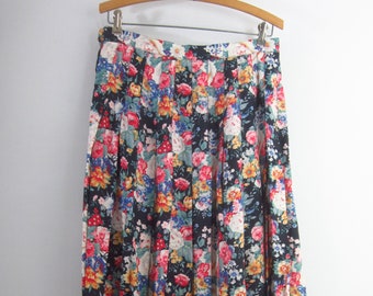 Vintage Significance Womens Small  Multicolor Floral Roses Pleated Midi Skirt Rayon 29" Waist Cottagecore Summer Spring