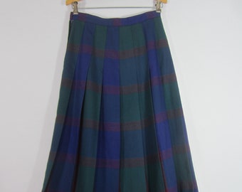 Vintage Celeste Sport Womens X-Small / Small Purple Green Plaid Pleated 100% Wool Midi Skirt USA Waist 28" Preppy XS  / S