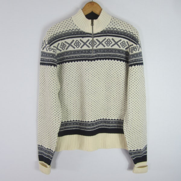 Vintage Polo Ralph Lauren Mens Medium Ivory Navy 100% Lambswool Long Sleeve Nordic 1/2 Zip Sweater Ski Fall Winter Wool