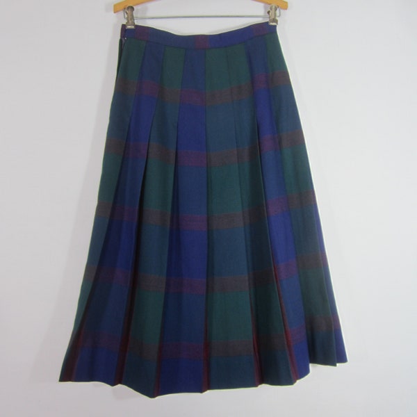 Vintage Celeste Sport Womens X-Small / Small Purple Green Plaid Pleated 100% Wool Midi Skirt USA Waist 28" Preppy XS  / S
