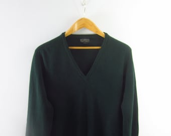 Vintage Lands End Mens Large Dark Green Long Raglan Sleeve 100%  Wool Lambswool V Neck Pullover Sweater Made in England L Classic Preppy