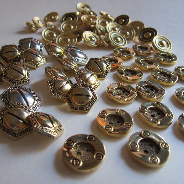 60 Hexagon and Round Buttons - Retro Gold and Silver Metal Look Buttons - Supplies for Knitting Crocheting Crafting