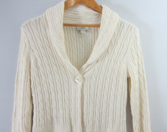 Vintage Loft Womens Medium Ivory 3/4 Ärmel Kurze Zopfstrickjacke Angora Blend Medium Soft Schalkragen Creme M