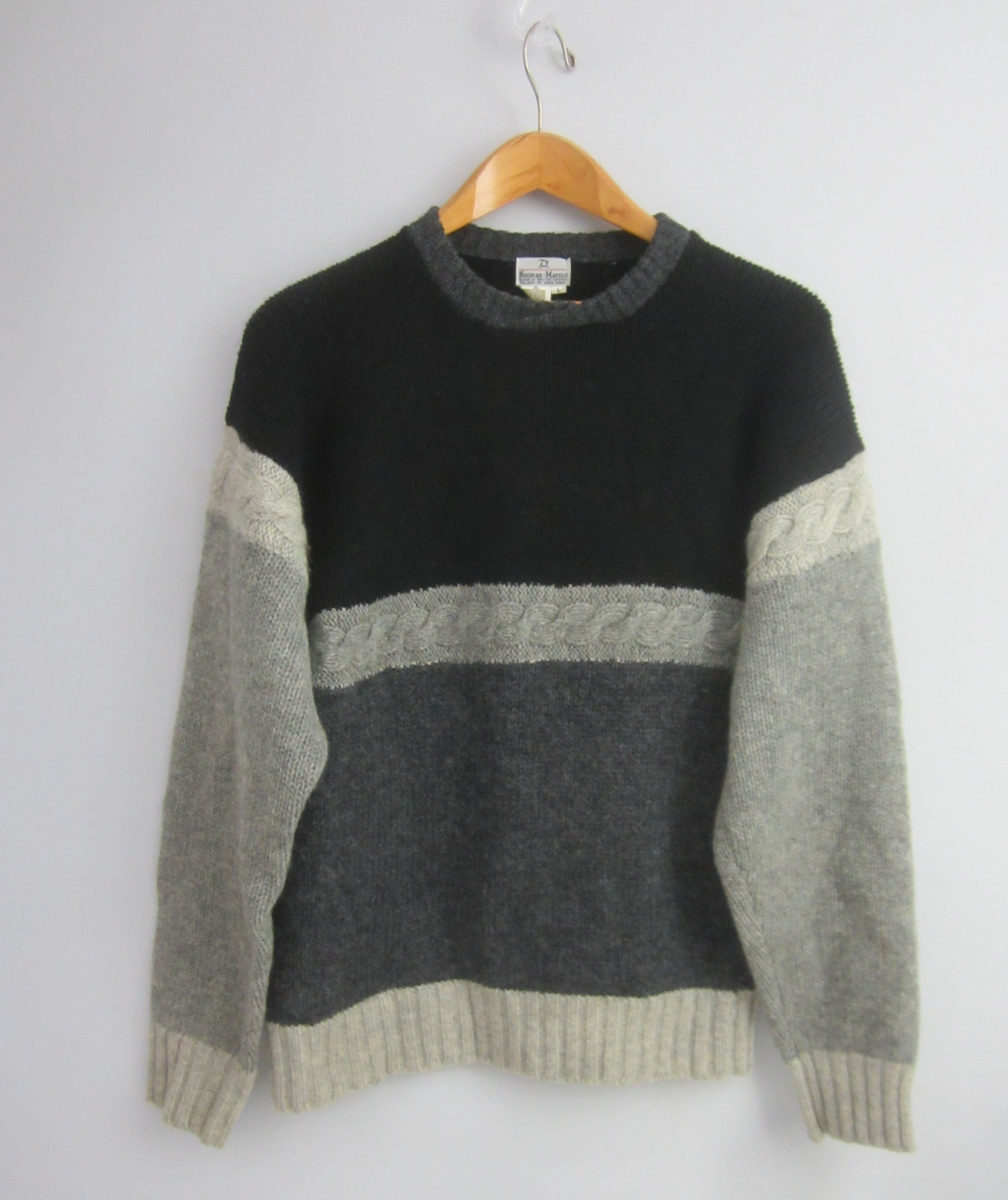Vintage Neiman Marcus Mens Large Charcoal Gray Ivory Black Long 