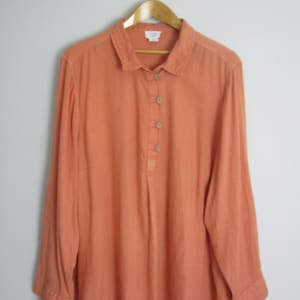 Vintage Sigrid Olsen Womens 3X Terracotta Orange Long Sleeve 100% Linen Peasant Shirt Tunic Gathered Back Relaxed Collared Top