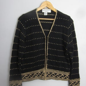 Vintage Importants Boston Womens S / M Black Gold Metallic Cardigan Sweater Made in Peru Small Medium Button Front