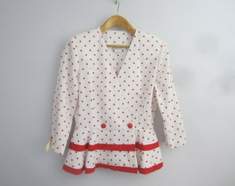 New Vtg Periwinkle Brand Womens Small White Red Polka Dot V Neck Fit Flare Shirt 10 NWT Retro Blouse Top Made in USA Rayon Blend Waist 30"